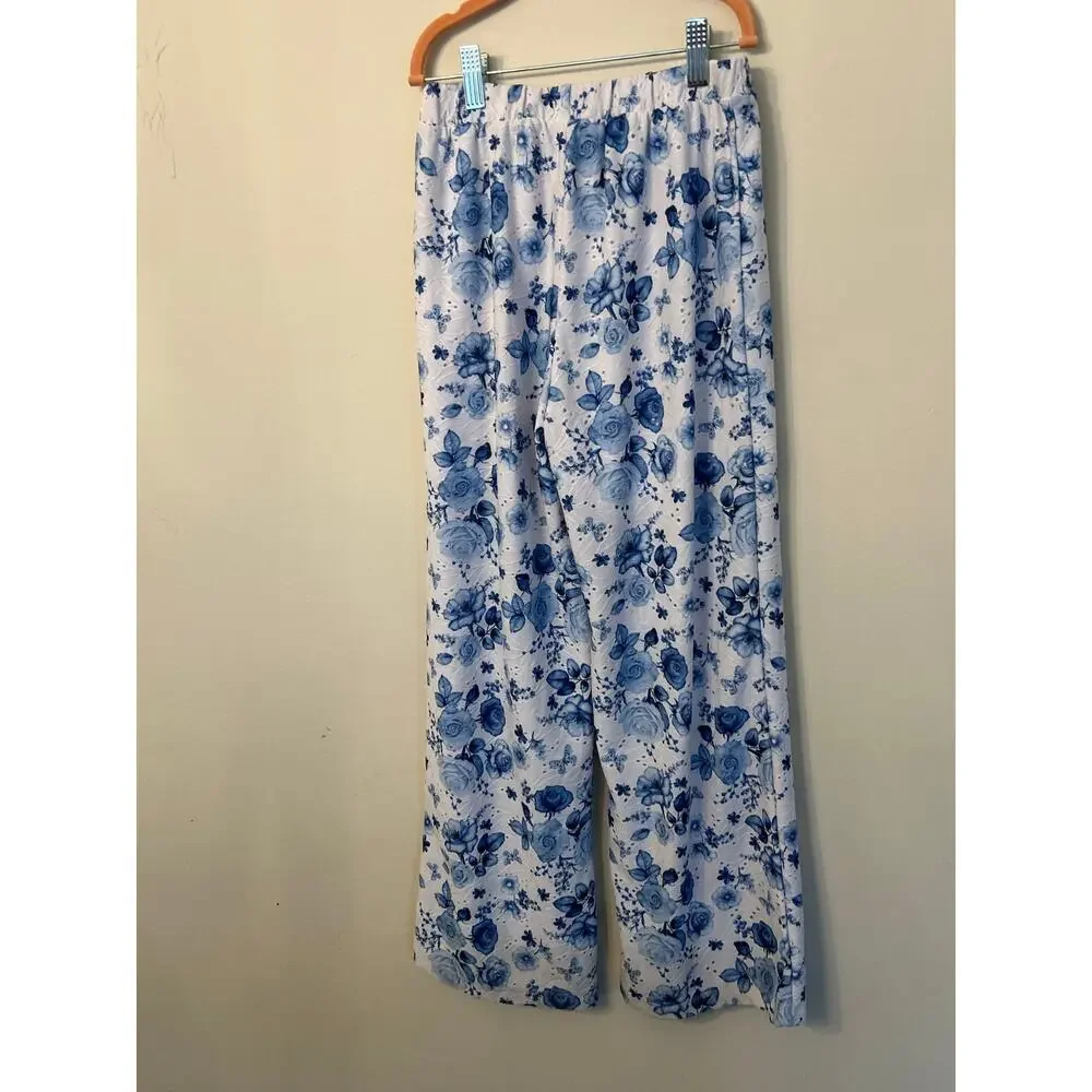 Tahari Girls Blue White Floral 2 Pc Matching Set Peplum Top Wide Leg Pants Sz 12